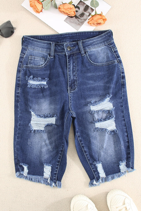Ripped Tassel Bermuda Denim Shorts